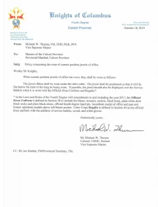Calvert-Province-signed-policy-letter-on-the-wearing-of-current-position-jewels-of-office