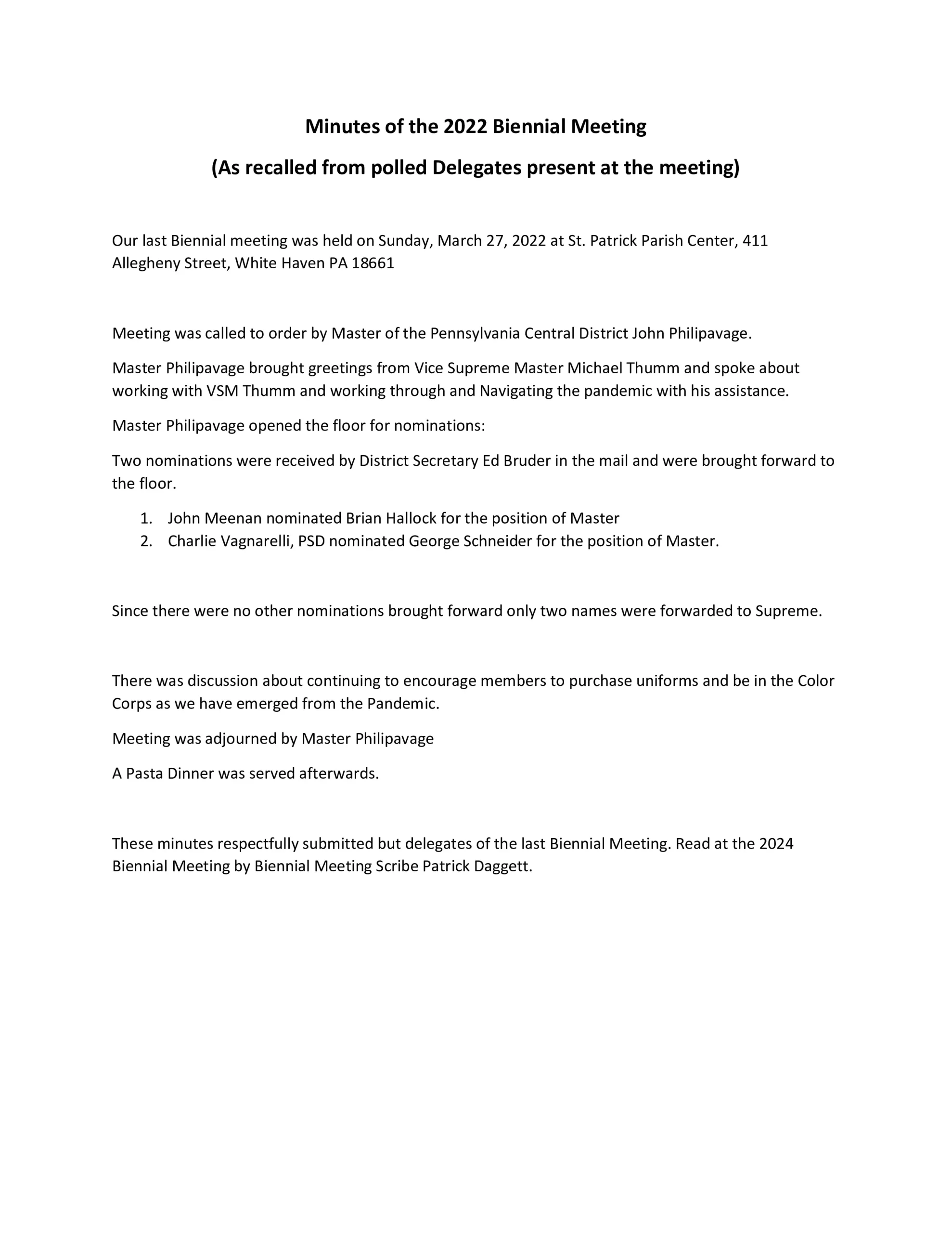 Minutes of the 2022 Biennial Meeting Pennsylvania Central District